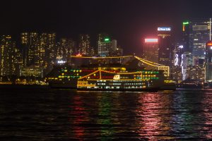 Ships at night in Hong Kong Harbor